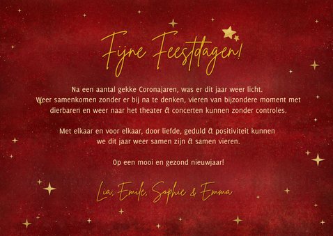 Fotokaart rood met gouden kerstboom van poppetjes 3
