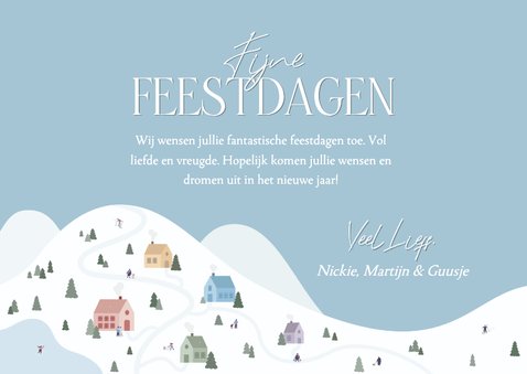 Fotokaartje kerst blauw met winter landschap met huisjes 3