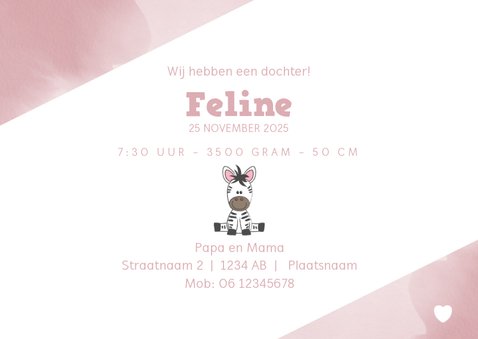 Geboorte hip en lief roze kaartje waterverf zebra en hartje 3