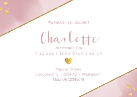Geboorte hip roze kaartje waterverf en goudkleurige spetters 3