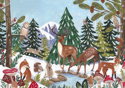 Geboortekaart hertjes en vosje in winter landschap Achterkant
