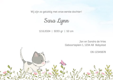 Geboortekaart meisje, met kitten en ballonnen 3