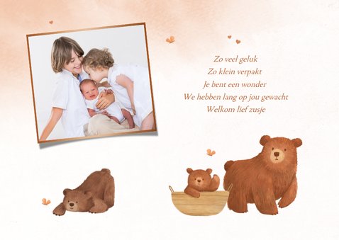 Geboortekaartje beren familie waterverf roze hartjes koper 2