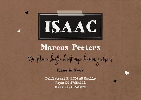 Geboortekaartje boef baby zwart wit kraft hartjes bruin 3