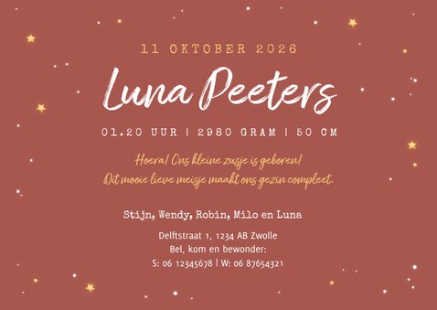 Geboortekaartje derde kindje uilen familie dieren maan ster 3