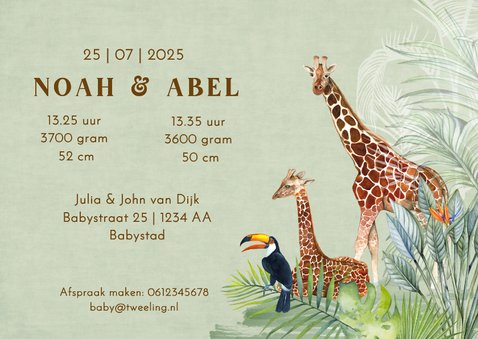 Geboortekaartje geboorte tweeling jungle 3