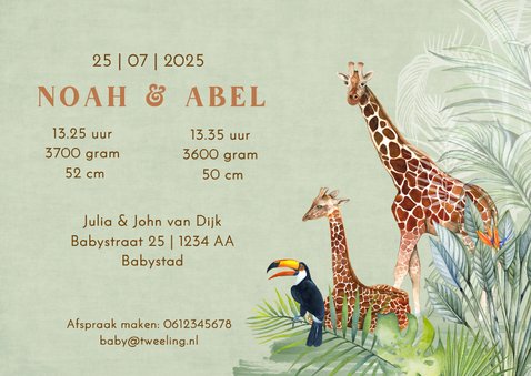 Geboortekaartje geboorte tweeling jungle 3