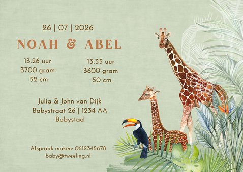 Geboortekaartje geboorte tweeling jungle  3