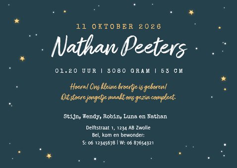 Geboortekaartje jongen uilen familie dieren maan derde kind 3