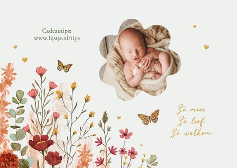 Geboortekaartje lente wilde bloemen vlinders hartjes goud 2