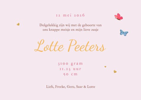 Geboortekaartje lief uiltjes zusje familie boom vlinders 3