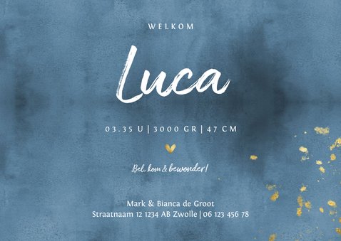 Geboortekaartje liggend blauwe waterverf gouden spetters 3