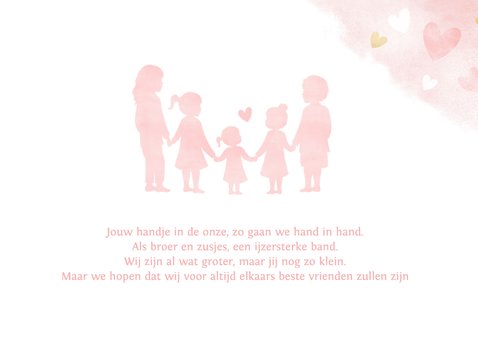 Geboortekaartje meisje met silhouet van 5 kinderen en hartje 2