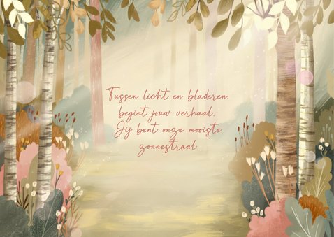 Geboortekaartje meisje met slapend beertje in het bos 2