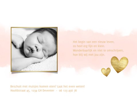 Geboortekaartje meisje met waterverf, hartjes en spetters 3