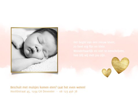 Geboortekaartje meisje met waterverf, hartjes en spetters 3