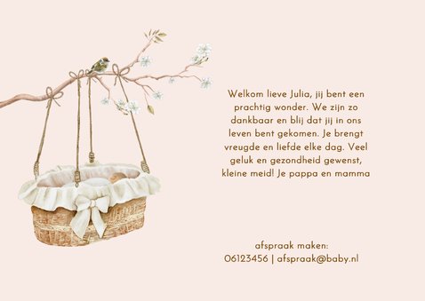 Geboortekaartje meisje rotan mandje aan takje met bloesem 2