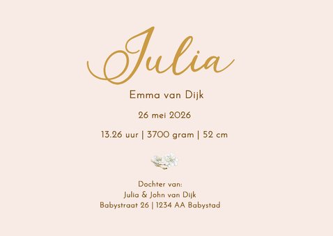 Geboortekaartje meisje rotan mandje aan takje met bloesem 3