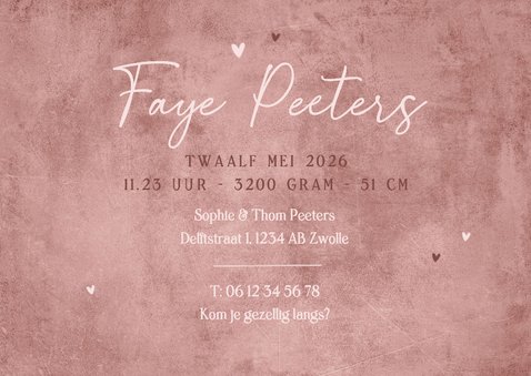 Geboortekaartje oudroze stijlvol hartjes goud sierlijk 3