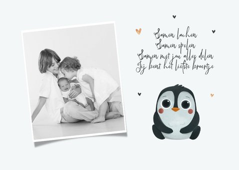 Geboortekaartje pinguïns derde kindje hartjes lief 2