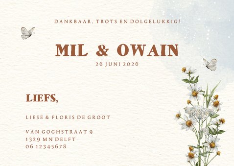 Geboortekaartje tweeling met beertjes en vlinders in bloemen 3