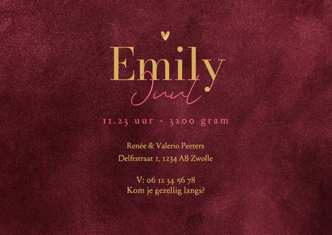 Geboortekaartje velvet robijn roze natuurlijk hartje goud 3