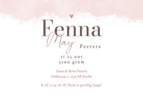 Geboortekaartje vintage waterverf roze strikje 3