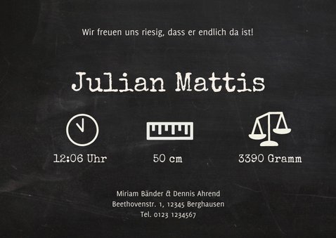 Geburtskarte Foto und Label auf Kreidetafel 3