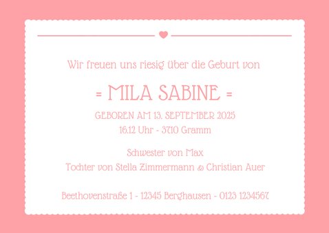 Geburtskarte großes Foto und rosa Label 3