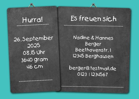Geburtskarte Kalender blau auf Kreidetafel mit Foto 3