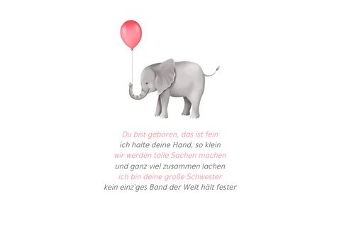 Geburtskarte kleine Schwester Elefanten mit Luftballon 2