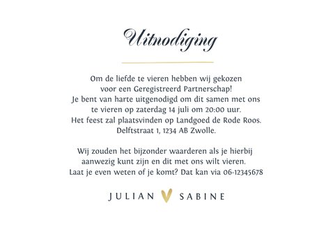 Geregistreerd partnerschap stijlvol uitnodiging goud chique 3
