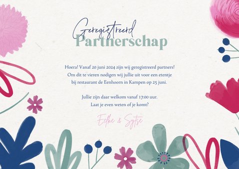 Geregistreerd partnerschap vrolijke zomer bloemen trouwkaart 3