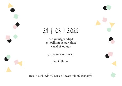 Gezellige hippe confetti uitnodiging met foto collage 3