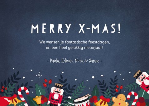 Gezellige kerstkaart met notenkraker, hulst en zuurstokjes 3