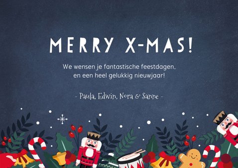 Gezellige kerstkaart met notenkraker, hulst en zuurstokjes 3