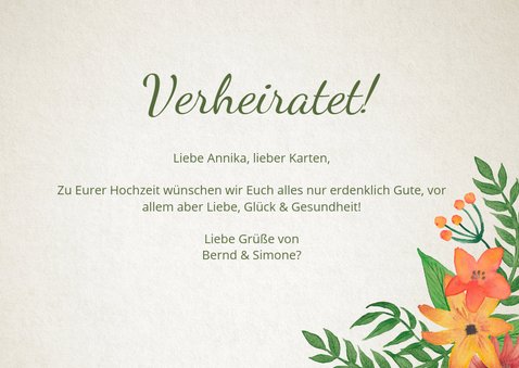 Glückwunschkarte zur Hochzeit mit stilvollen Blumen 3