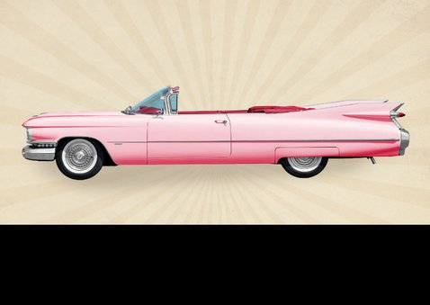 Grappige 50ste verjaardag kaart met roze Amerikaanse auto 2
