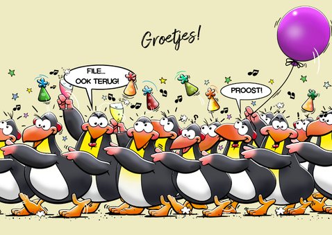Grappige felicitatiekaart pinguïns met ballon en feesthoedje 3