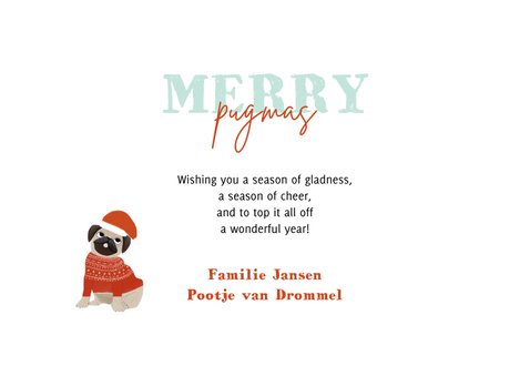 Grappige kerstkaart merry pugmas sterren en foto's op blauw 3