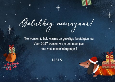 Grappige nieuwjaarskaart met teckel met lampjes en cadeau's 3