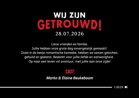 Grappige originele bedankkaart huwelijk film aankondiging 3