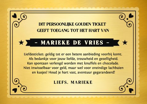 Grappige valentijnskaart ticket to my heart gouden ticket 3
