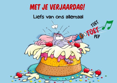 Grappige verjaardagkaart met olifant springt in taart 3