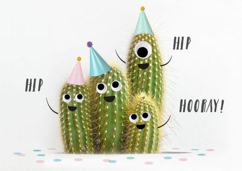 Grappige verjaardagskaart met cactussen met oogjes en feest 2