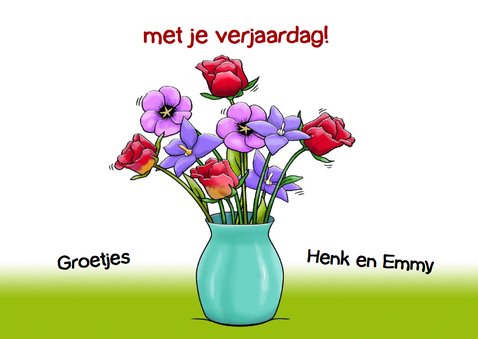 Grappige verjaardagskaart met olifant en een mandje bloemen 3
