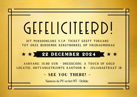 Grappige zakelijke uitnodiging kerstborrel VIP-ticket goud 3