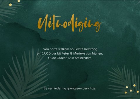 Groene uitnodiging kerstdiner met kersttakjes en confetti 3