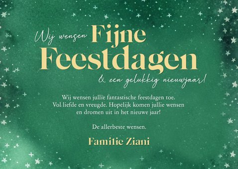 Groene waterverf kerstkaart met kerstballen foto en sterren 3