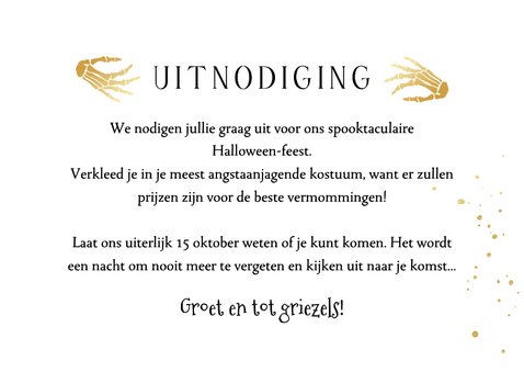 Halloweenfeest uitnodiging ticket skelethand goud 3
